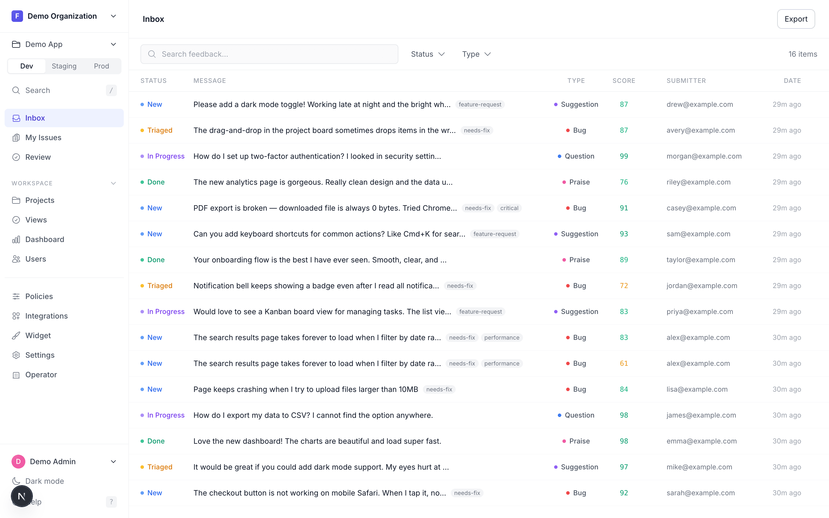 StreamBack inbox showing real-time feedback with scores and routing