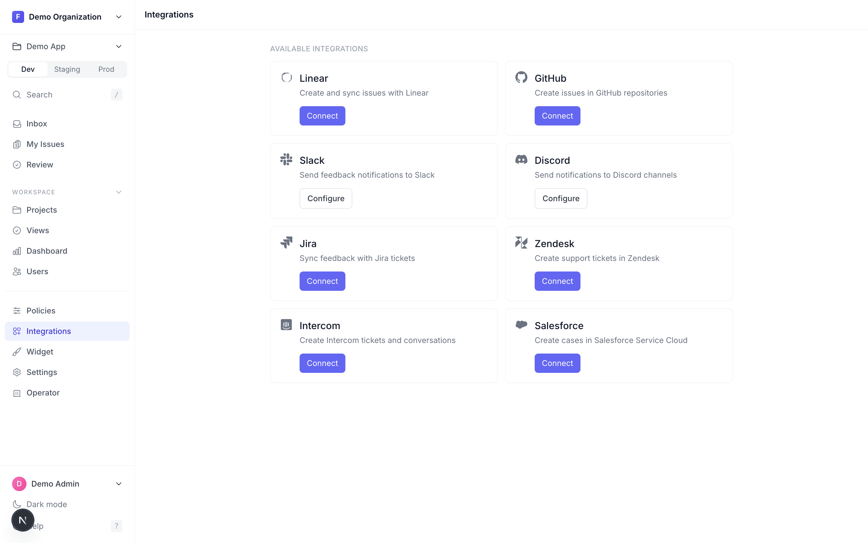 StreamBack integrations screen for routing feedback into external tools