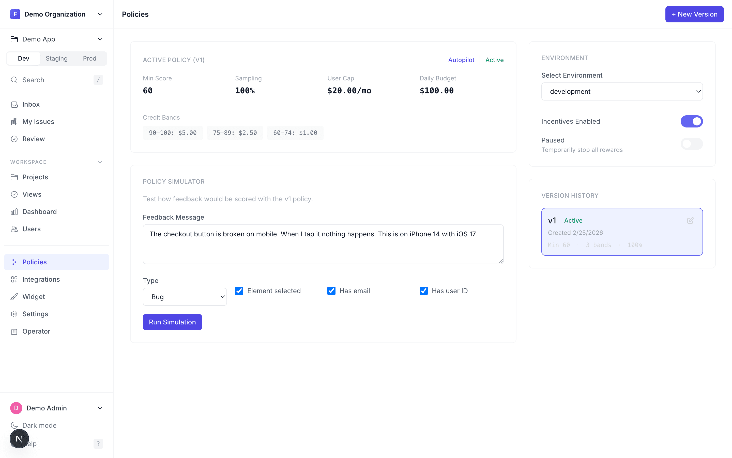 StreamBack reward policy controls